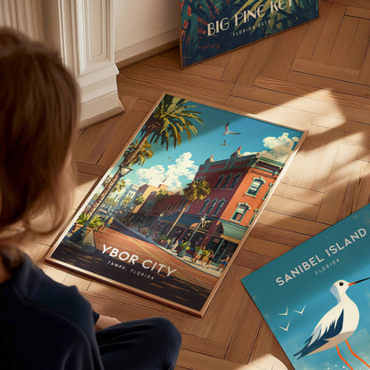 A person looks at a vibrant Ybor City, Tampa, Florida poster depicting colorful historic buildings and palm trees. Nearby, part of a Sanibel Island poster is visible on the wooden.