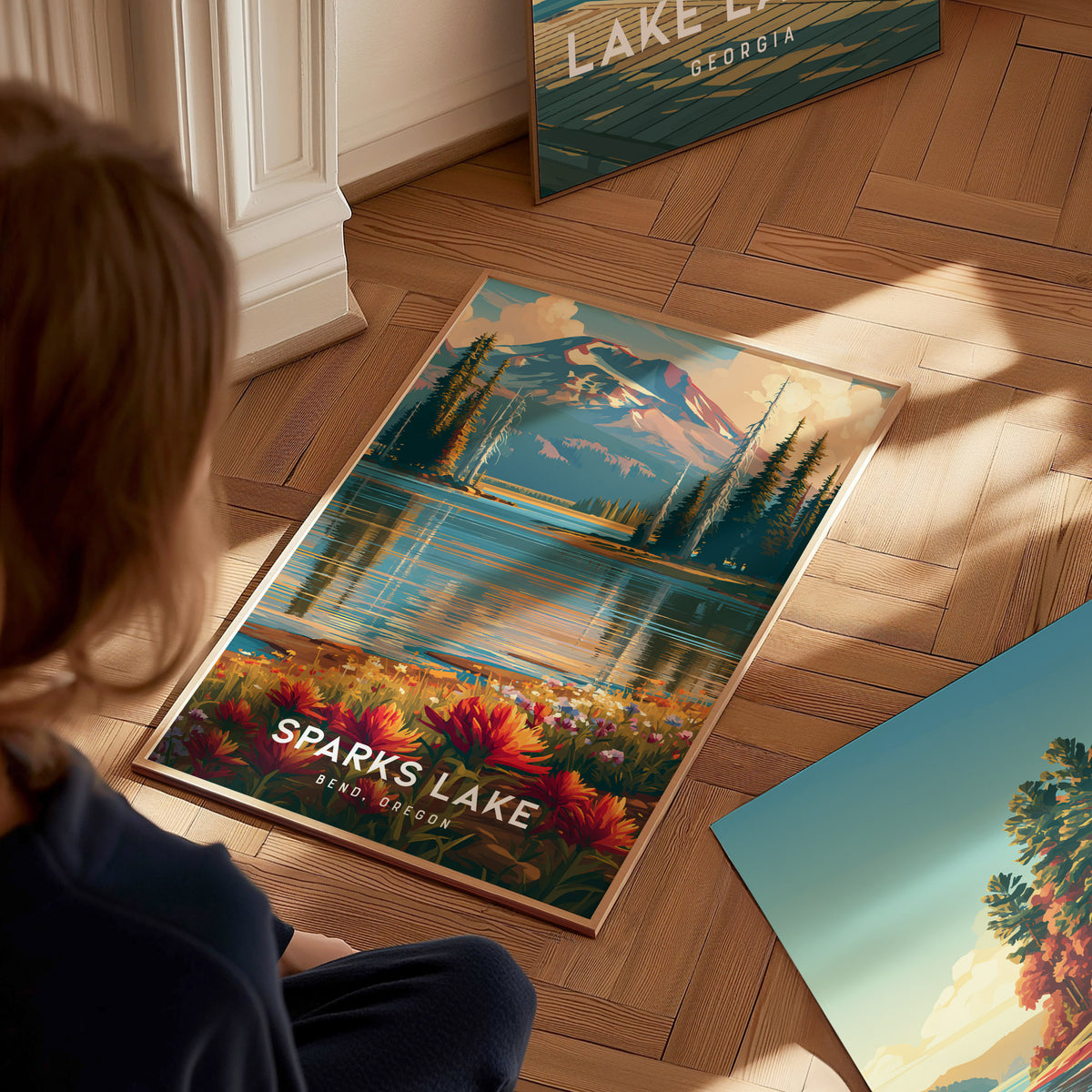Sparks Lake, Bend, Oregon Poster | Mountain Reflections Vacation Wall Art — styled in a modern interior