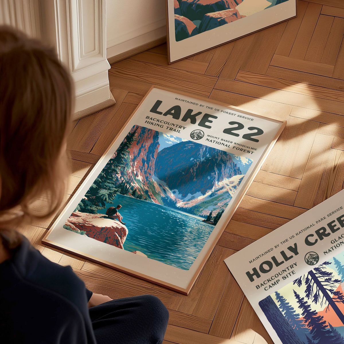 Lake 22, Mount Baker-Snoqualmie National Forest Poster | Hiker Gift | Backcountry Trail Wall Art — styled in a modern interio