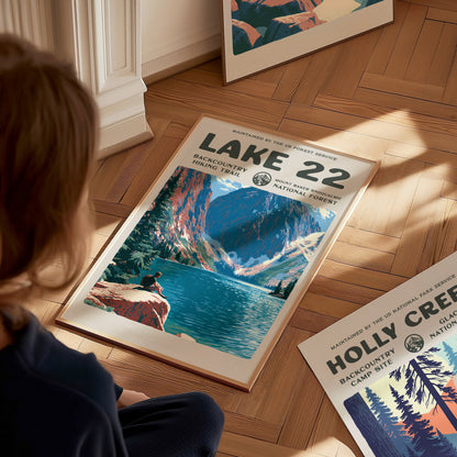 Lake 22, Mount Baker-Snoqualmie National Forest Poster | Hiker Gift | Backcountry Trail Wall Art — styled in a modern interio