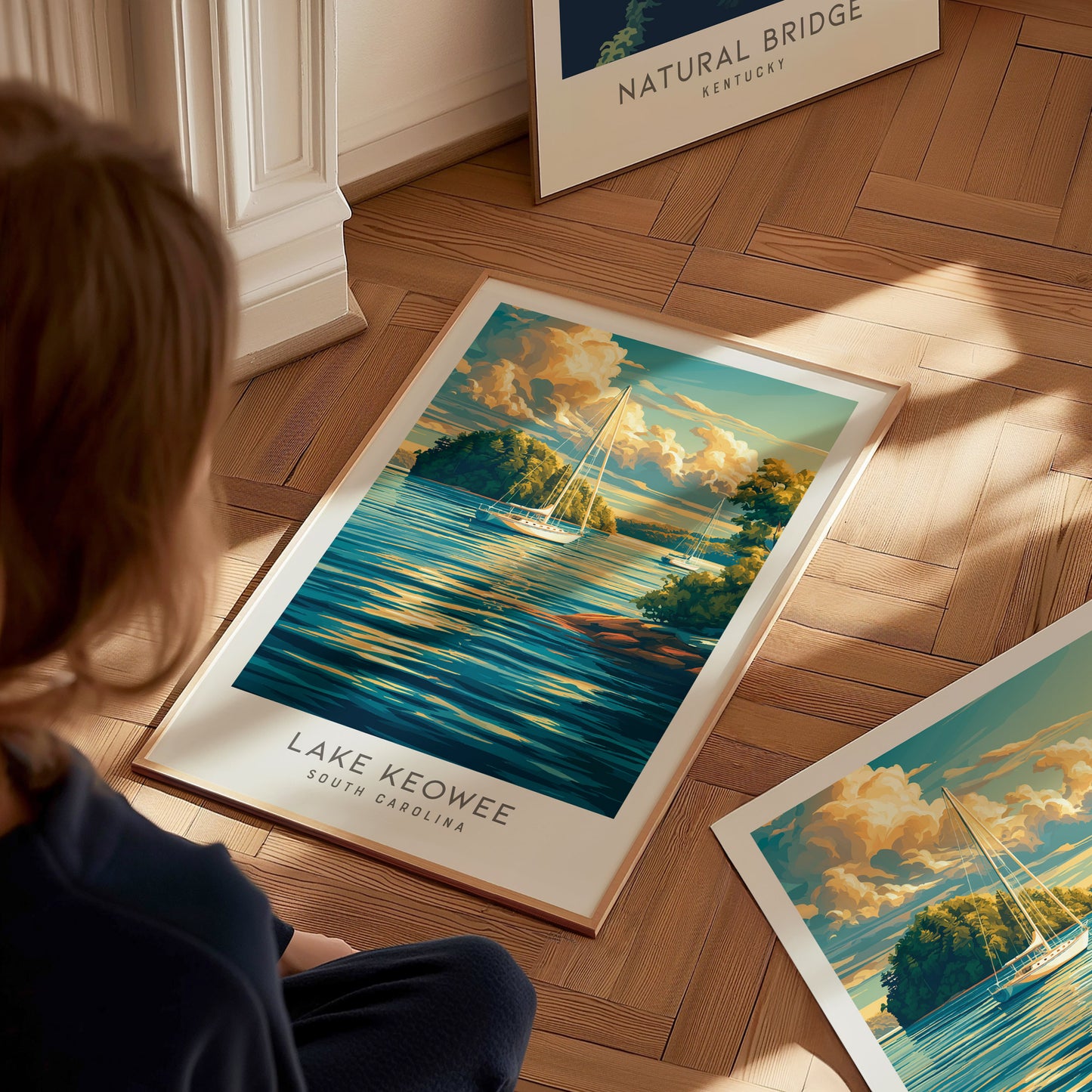 Lake Keowee Matte Border Poster | South Carolina Travel Wall Art — styled in a modern interior