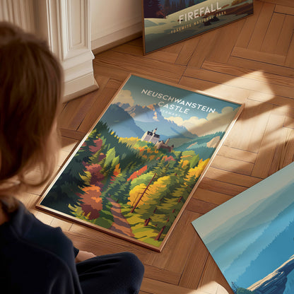 Neuschwanstein Castle, Germany Poster | Fairytale Alpine Fortress Framed or Unframed Wall Art — styled in a modern interior