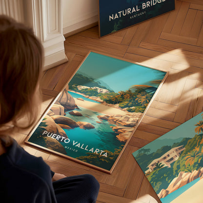 Puerto Vallarta, Mexico Poster | Tropical Coast & Cathedral Wall Art — styled in a modern interior