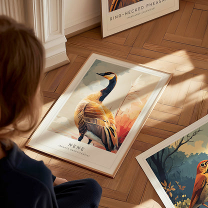 Nene (Hawaiian Goose), Hawaii Poster | Tropical Wildlife & Volcano Island Wall Art — styled in a modern interior