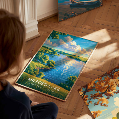Milford Lake, Junction City, Kansas Poster | Lakeside Serenity Destination Print Wall Art — styled in a modern interior