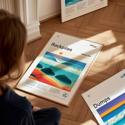 Rockpiles, Hawaii Poster | Golden Hour North Shore Surf Wall Art — styled in a modern interior