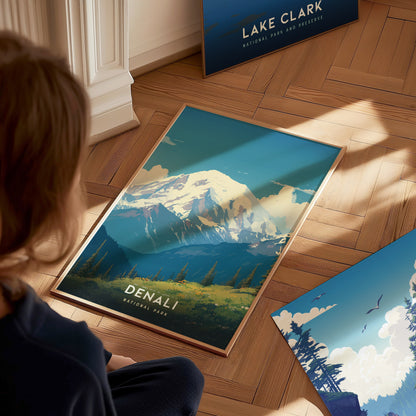 Denali National Park Poster | Alaska Hiker Print Wall Art | Framed or Unframed