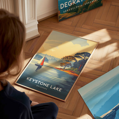 Keystone Lake, Oklahoma Poster | Lakeside Vacation Wall Art — styled in a modern interior