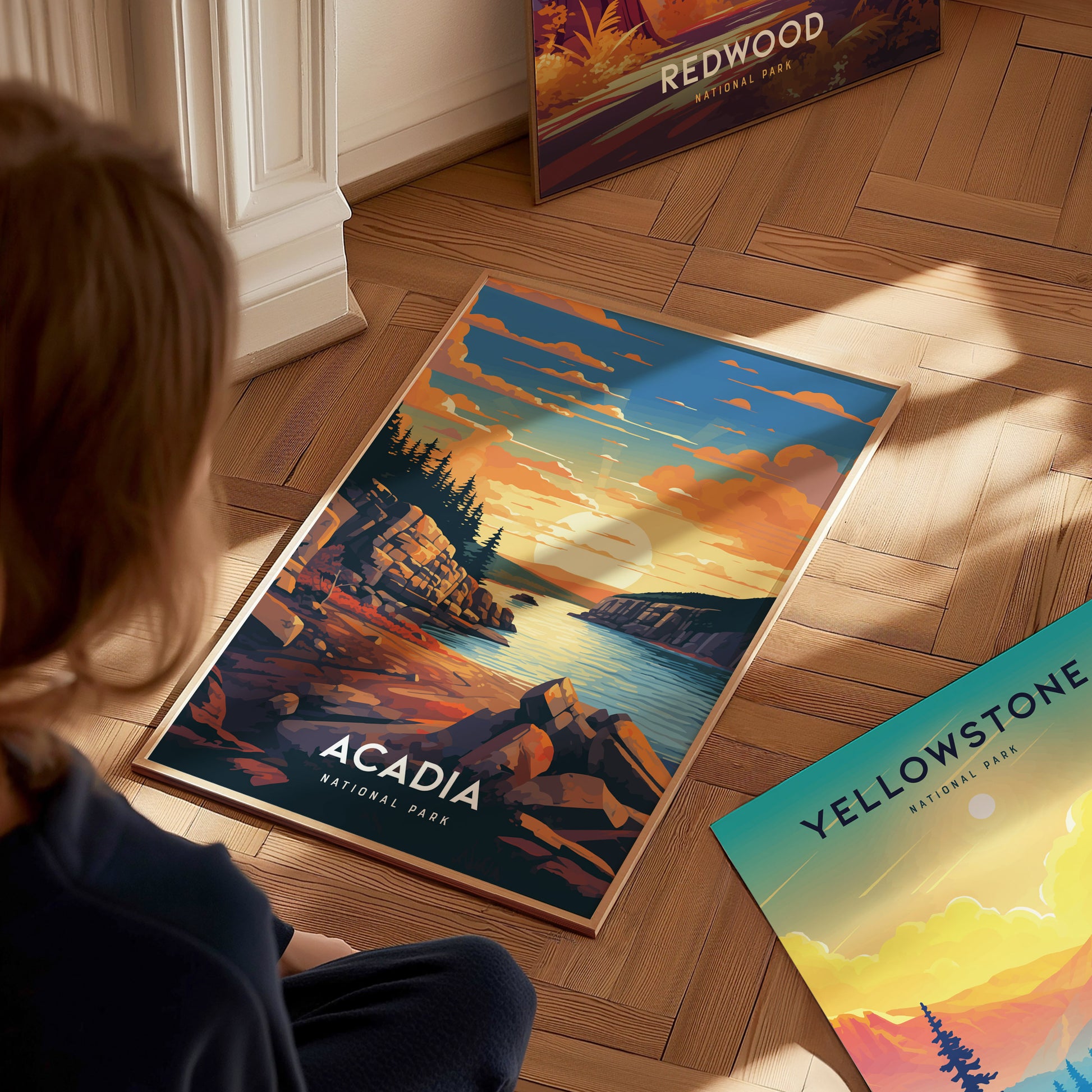 A person looks at an Acadia National Park poster featuring a vibrant sunset over rocky cliffs and pine trees. Nearby are posters of Redwood and Yellowstone National Parks.
