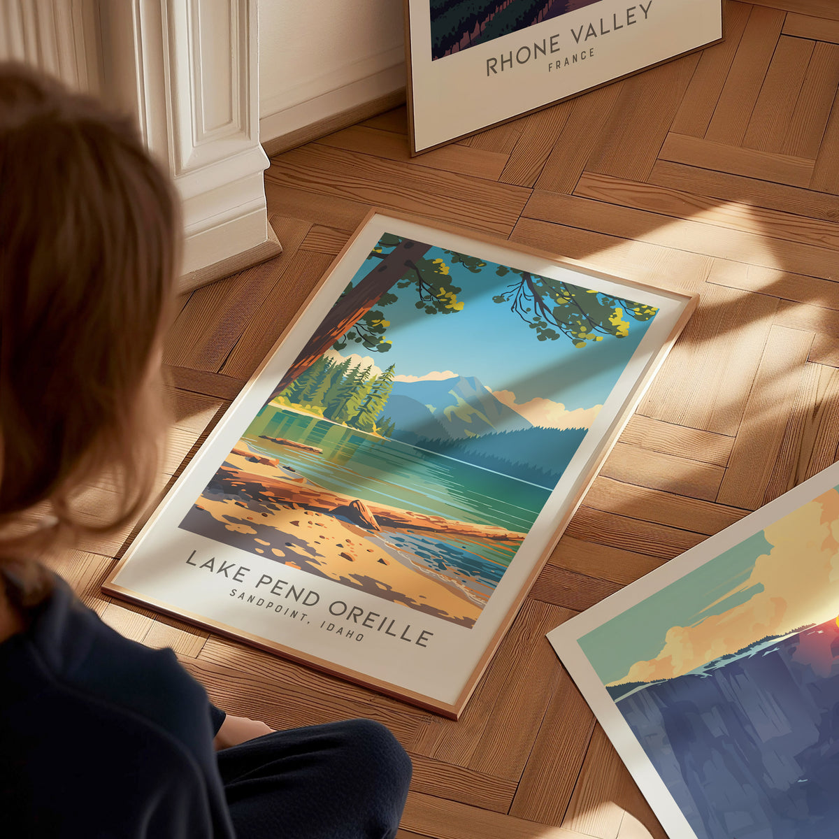 Lake Pend Oreille Matte Border Poster | Sandpoint, Idaho Destination Print — styled in a modern interior