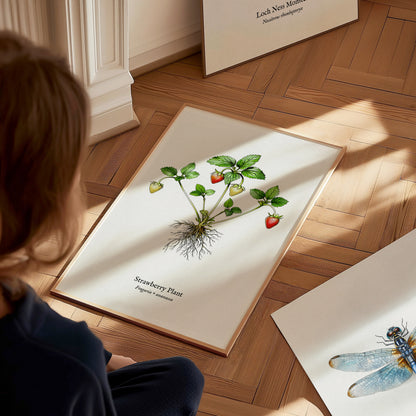 Strawberry Plant Poster | Vintage Fragaria × ananassa Botanical Illustration Wall Art — styled in a modern interior