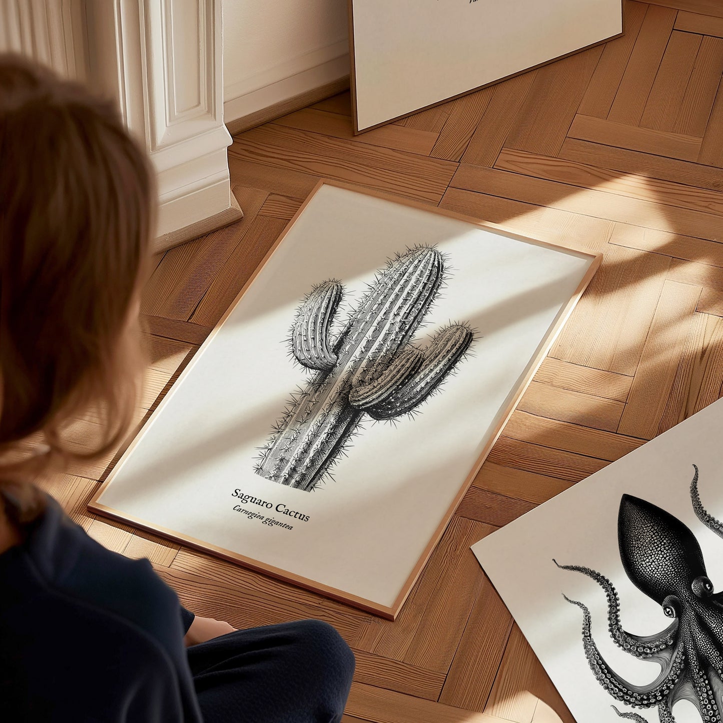 Saguaro Cactus Poster | Vintage Carnegiea gigantea Botanical Illustration Wall Art — styled in a modern interior