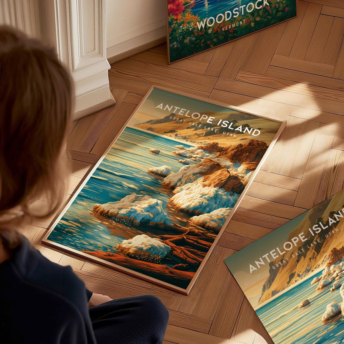 Antelope Island Poster | Great Salt Lake, Utah Framed or Unframed Travel Gift Wall Art — styled in a modern interior