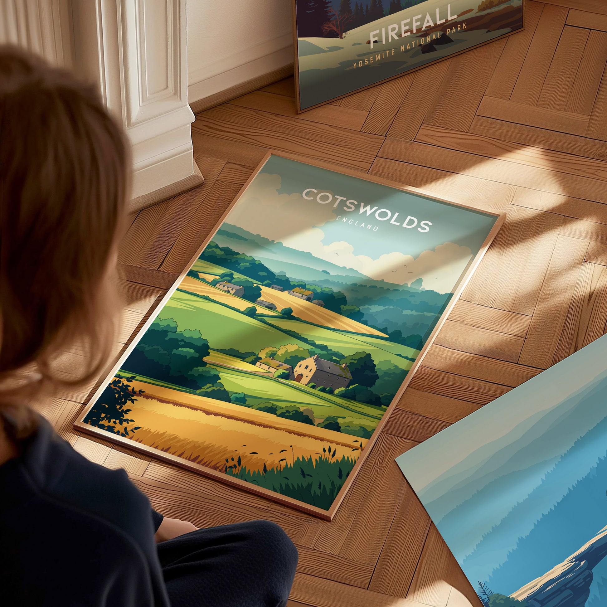 Cotswolds, England Poster | Rolling Hills & Stone Village Wall Art — styled in a modern interior