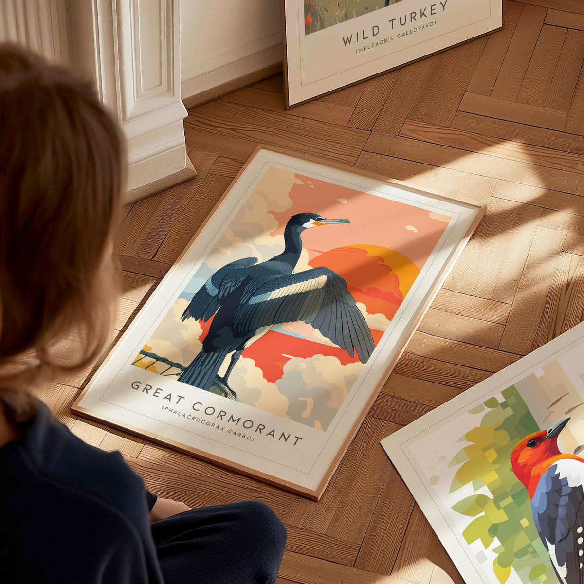 Great Cormorant, Phalacrocorax carbo Poster | Elegant Coastal Bird Wall Art — styled in a modern interior