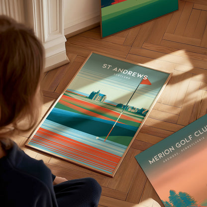 St Andrews Old Course, Scotland Poster | Links Poster Golfer Gift Wall Art — styled in a modern interior