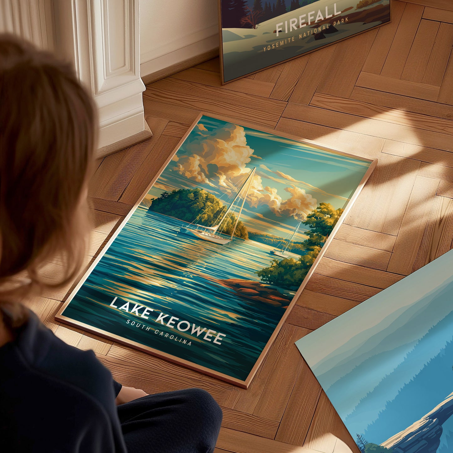 Lake Keowee, South Carolina Poster | Lakeside Mountain Retreat Wall Art — styled in a modern interior