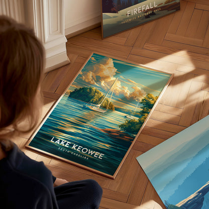 Lake Keowee, South Carolina Poster | Lakeside Mountain Retreat Wall Art — styled in a modern interior