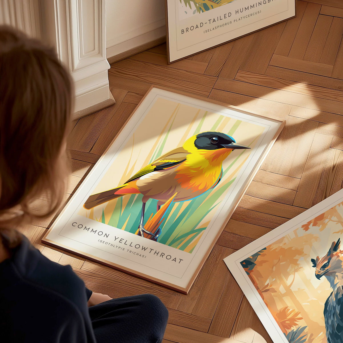 Common Yellowthroat, Geothlypis trichas Poster | Vibrant Warbler Nature Poster Wall Art — styled in a modern interior