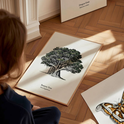 Banyan Tree Poster | Vintage Ficus benghalensis Botanical Illustration Wall Art — styled in a modern interior