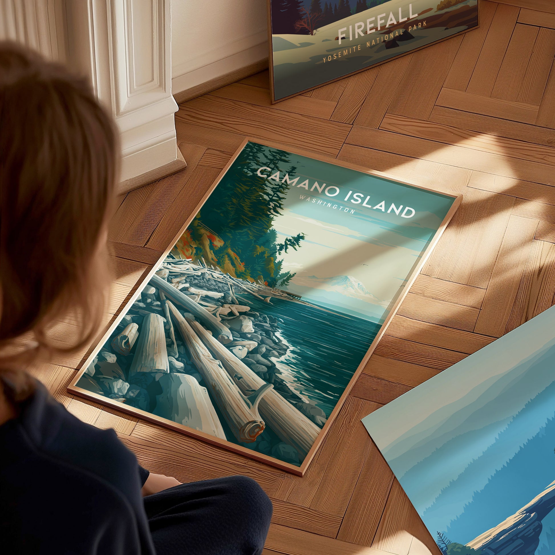Camano Island, Washington Poster | Evergreen Shores & Heron Coastal Wall Art — styled in a modern interior