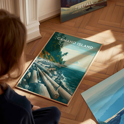 Camano Island, Washington Poster | Evergreen Shores & Heron Coastal Wall Art — styled in a modern interior