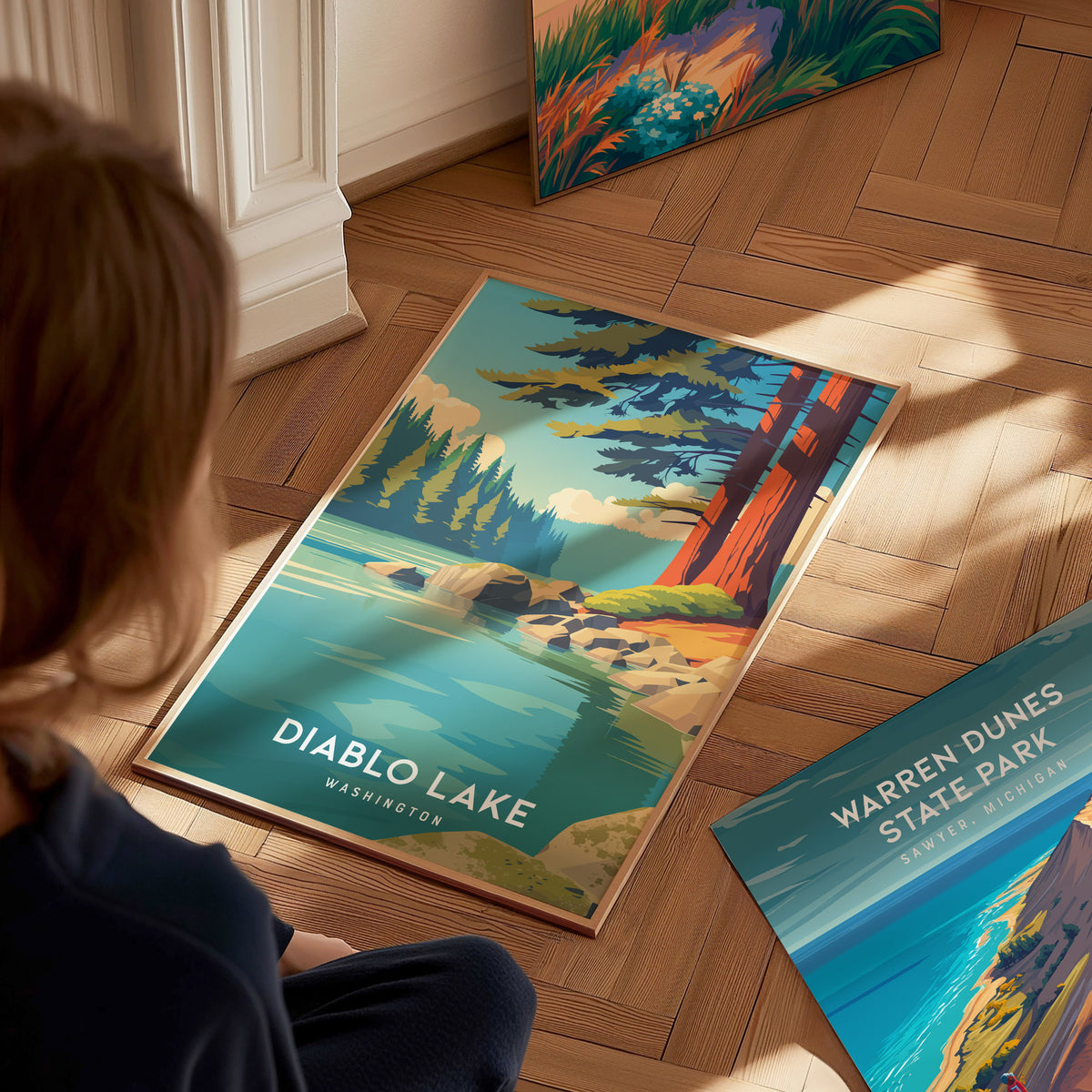 Diablo Lake, Washington Poster | Alpine Wilderness Destination Print Wall Art — styled in a modern interior