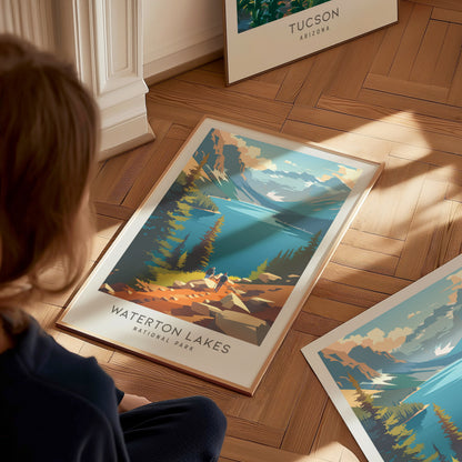 Waterton Lakes Matte Border Poster | National Park Travel Wall Art — styled in a modern interior