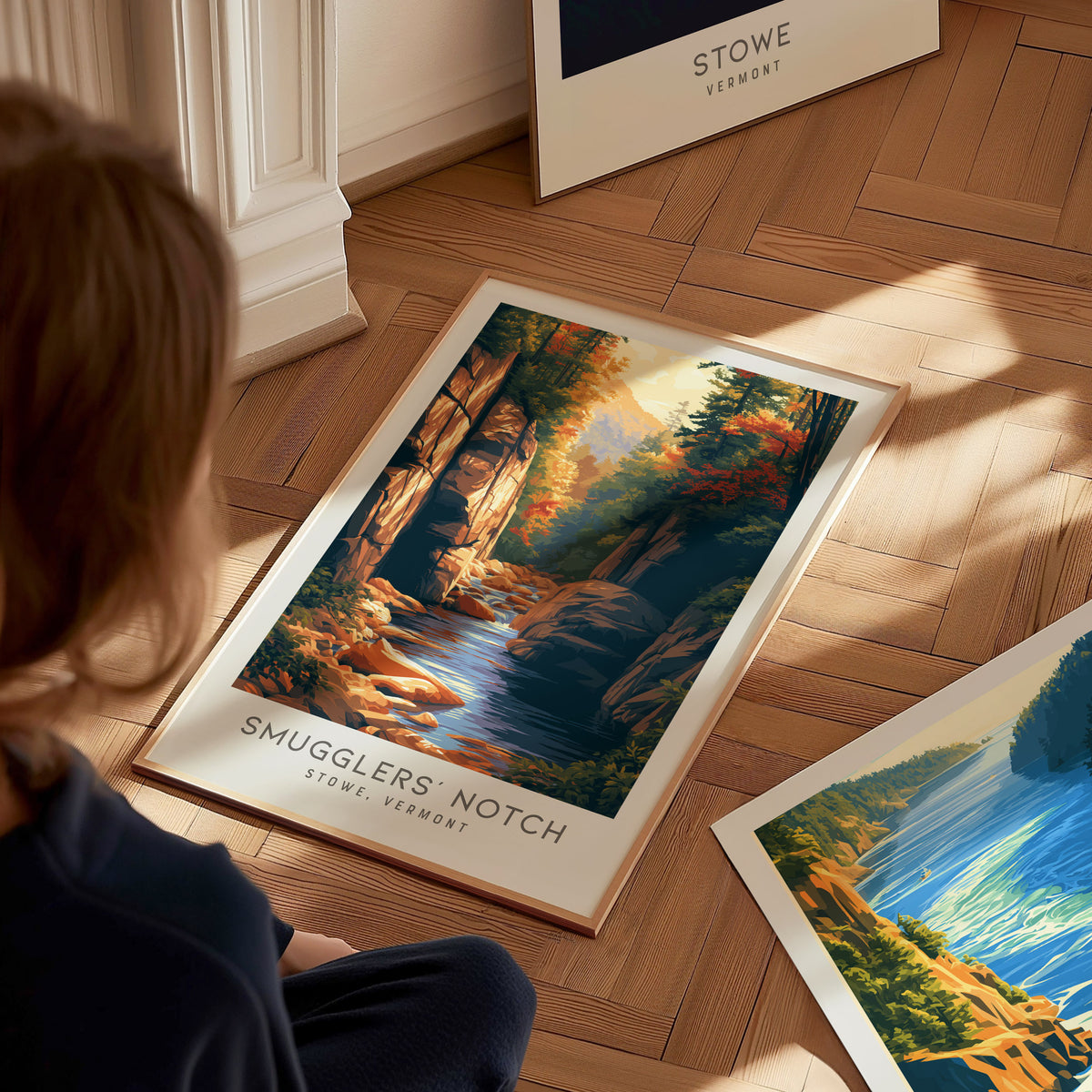 Smugglers' Notch Matte Border Poster | Stowe, Vermont Travel Wall Art — styled in a modern interior