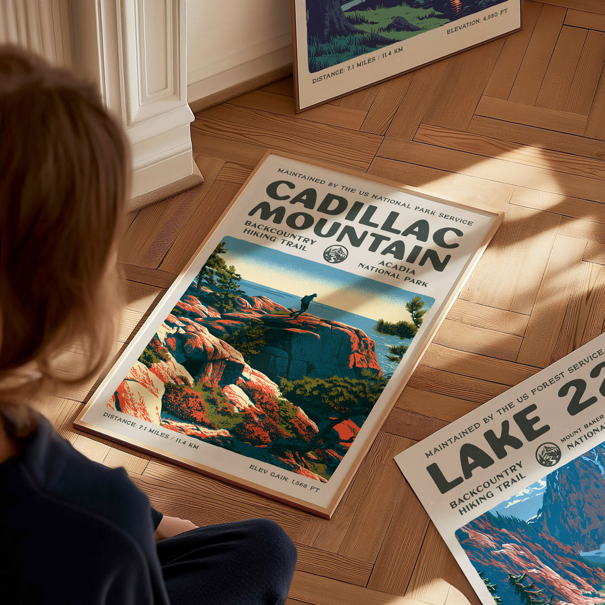Cadillac Mountain, Acadia National Park Poster | Hiker Gift | Backcountry Trail Block Print Wall Art — styled in a modern int