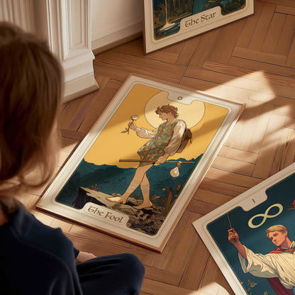 A person sits on the floor looking at a tarot poster of The Fool, depicting a wanderer with a white rose and a dog against a mountain backdrop.