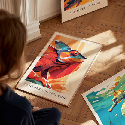 Panther Chameleon Poster | Vibrant Rainforest Reptile Wildlife Wall Art — styled in a modern interior