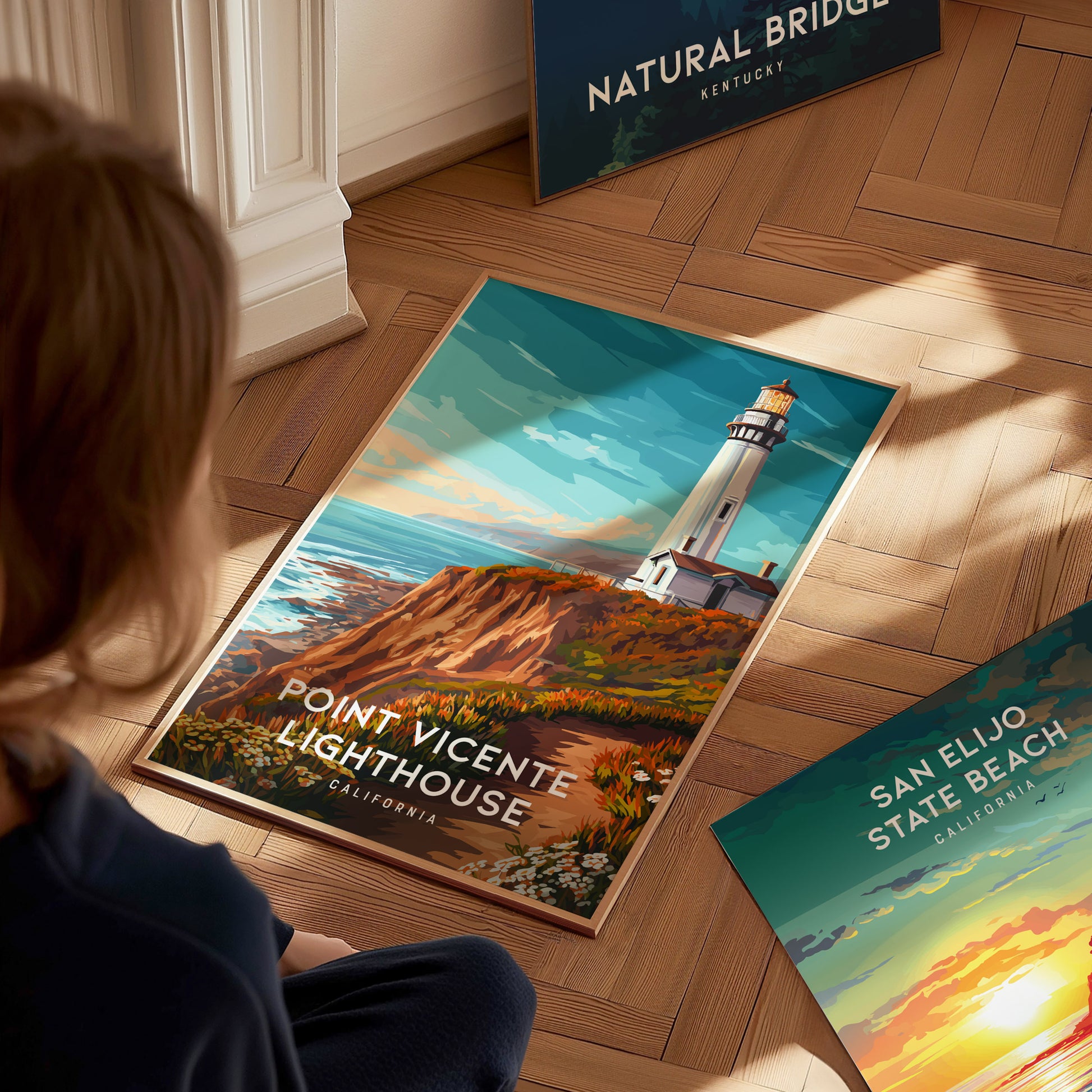 Point Vicente Lighthouse, California Poster | Pacific Cliffs & Beacon Wall Art — styled in a modern interior