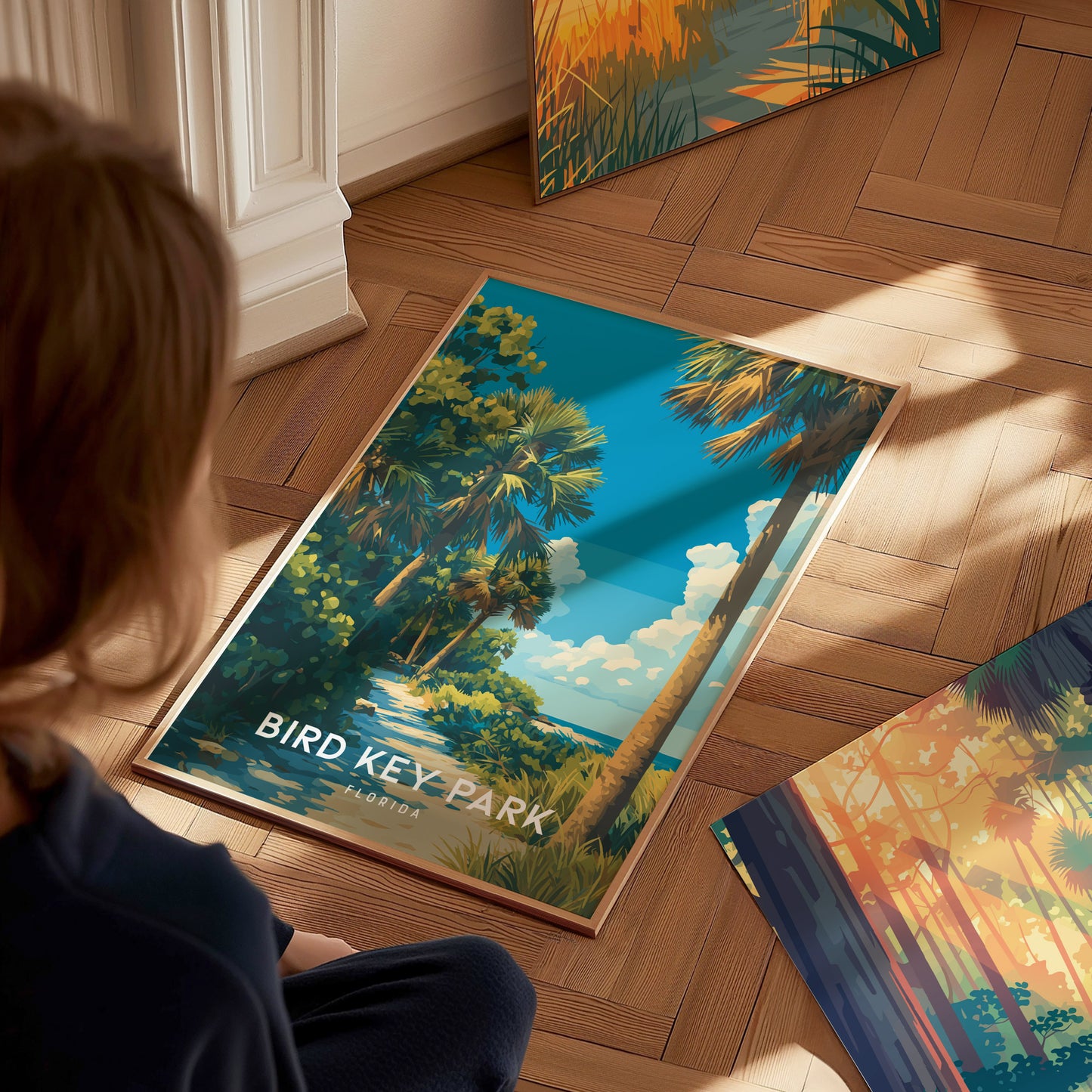 Bird Key Park, Florida Poster | Tropical Waterfront Serenity Wall Art — styled in a modern interior