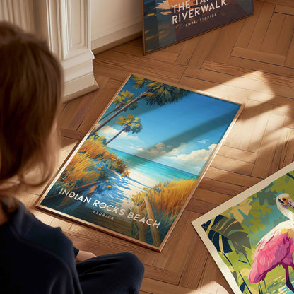 Home setting displaying framed and unframed wall art showing a serene boardwalk and turquoise waters of Indian Rocks Beach.