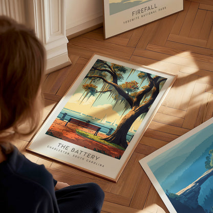 The Battery Matte Border Poster | Charleston, South Carolina Coastal Beach Decor — styled in a modern interior