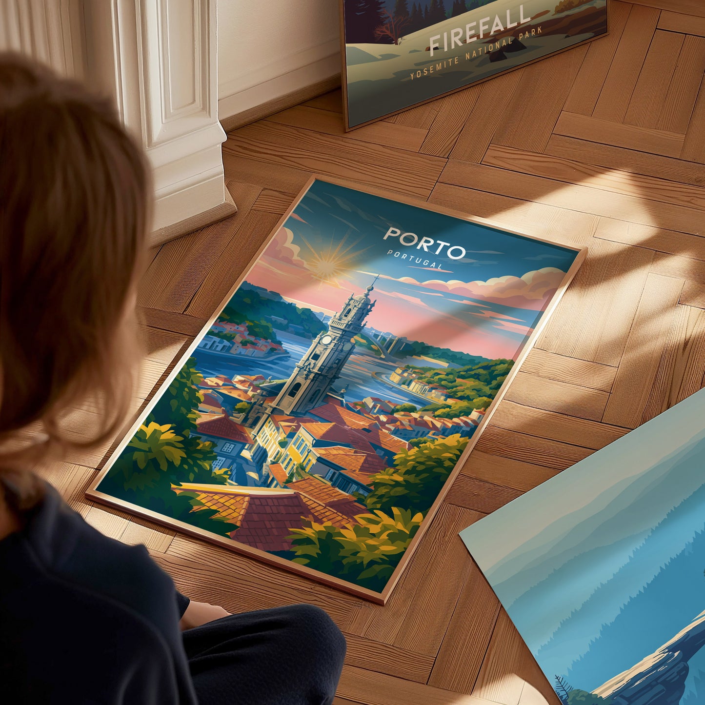 Porto, Portugal Poster | Rabelo Boats & Colorful Riverfront Wall Art — styled in a modern interior