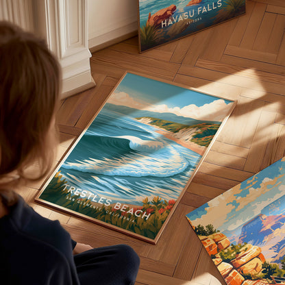 Trestles Beach, California Poster | Golden Hour Surf Break Wall Art — styled in a modern interior