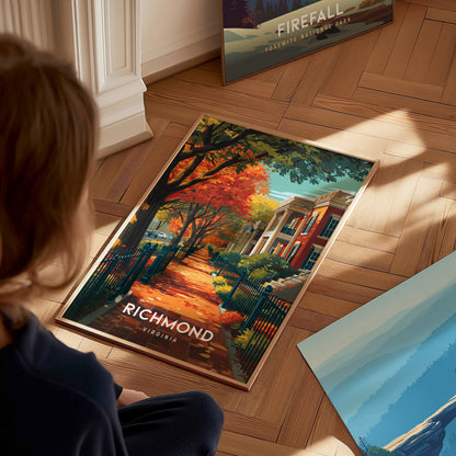 Richmond, Virginia Poster | Historic River City Skyline Travel Wall Art — styled in a modern interior