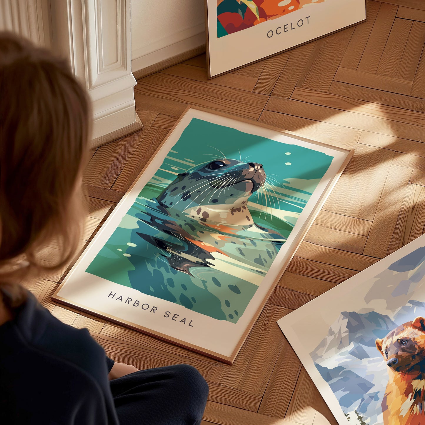 Harbor Seal, Phoca vitulina Poster | Coastal Wildlife Wall Art — styled in a modern interior