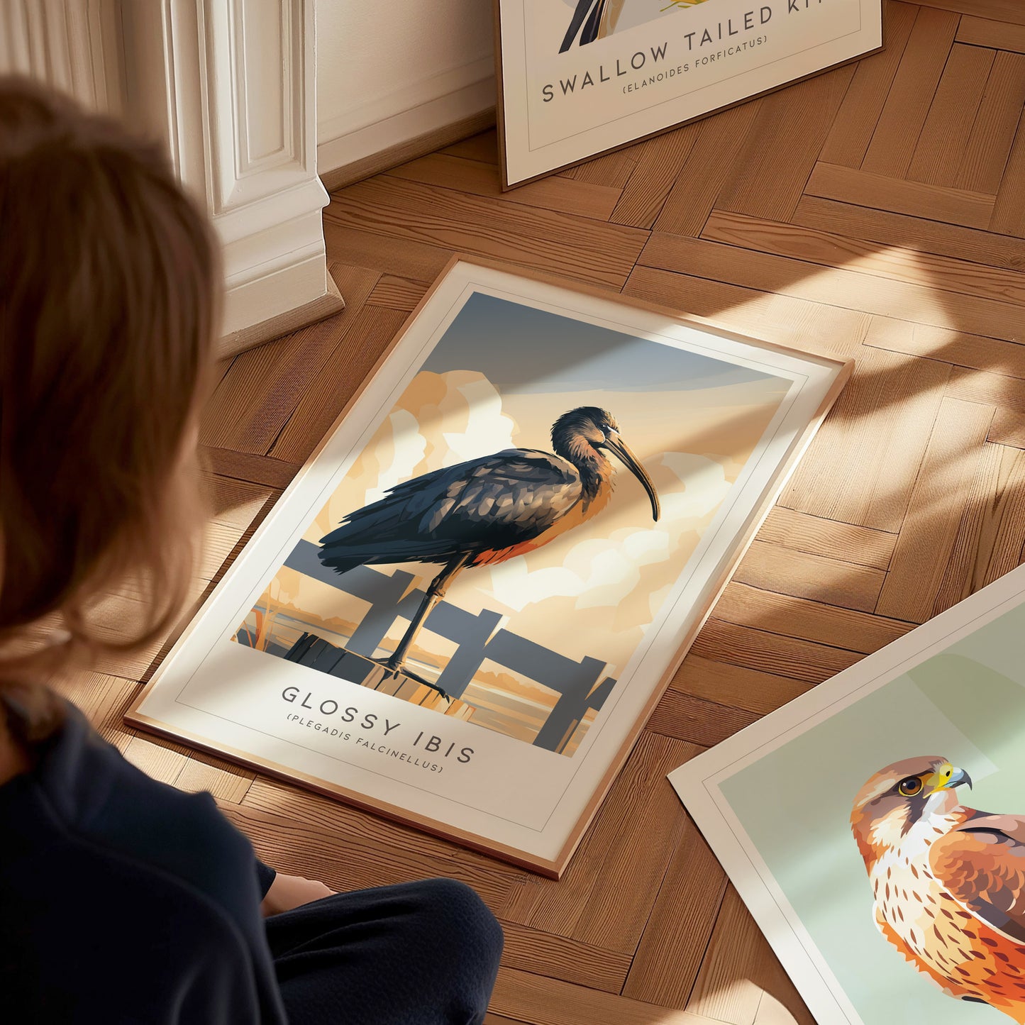 Glossy Ibis Poster | Iridescent Wading Bird Nature Wall Art — styled in a modern interior