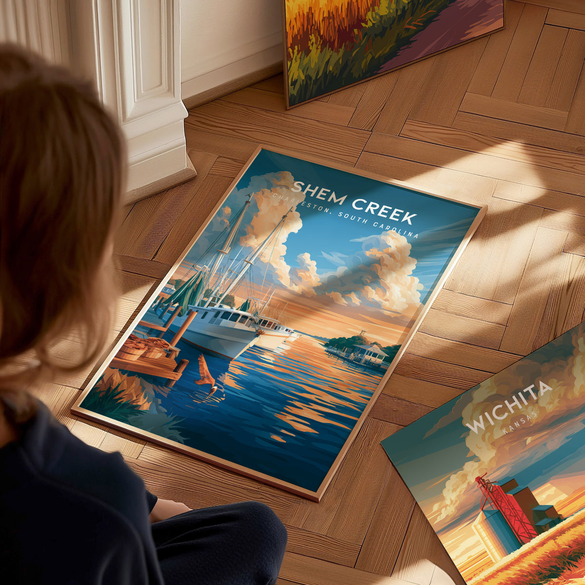 Shem Creek, Charleston, South Carolina Poster | Shrimp Boats & Marsh Sunset Wall Art — styled in a modern interior
