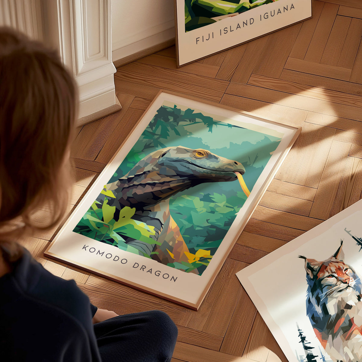 Komodo Dragon Poster | Ancient Reptile Wildlife Wall Art — styled in a modern interior