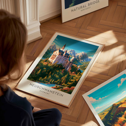 Neuschwanstein Matte Border Poster | Germany Destination Print Travel Wall Art — styled in a modern interior