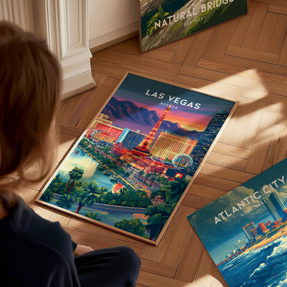 Las Vegas, Nevada Poster | Neon Lights & Desert Skyline Wall Art — styled in a modern interior