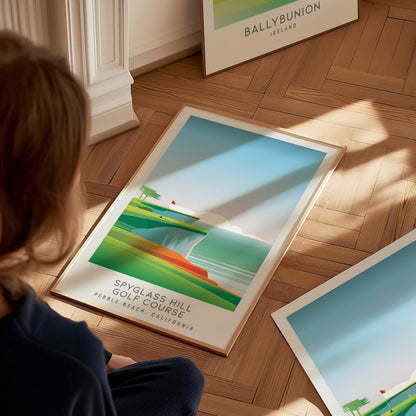 Spyglass Hill Golf Course Matte Border Poster | Pebble Beach, California Travel Wall Art — styled in a modern interior