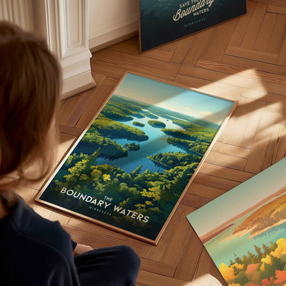 A person is looking at a colorful poster of Boundary Waters, depicting lush green islands and blue waters, placed on a wooden floor near other similar artworks.
