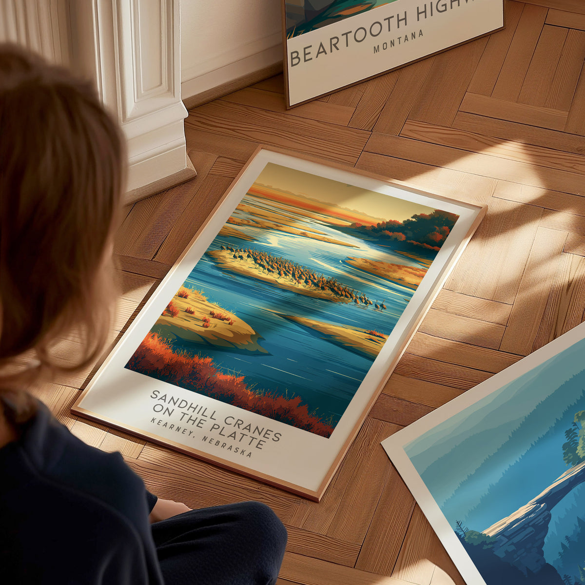 Sandhill Cranes on the Platte Matte Border Poster | Kearney, Nebraska Destination Print — styled in a modern interior