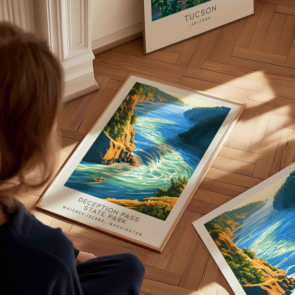 Deception Pass State Park Matte Border Poster | Whidbey Island, Washington Coastal Beach Decor — styled in a modern interior