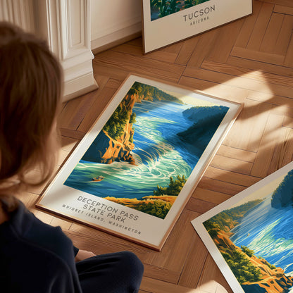 Deception Pass State Park Matte Border Poster | Whidbey Island, Washington Coastal Beach Decor — styled in a modern interior